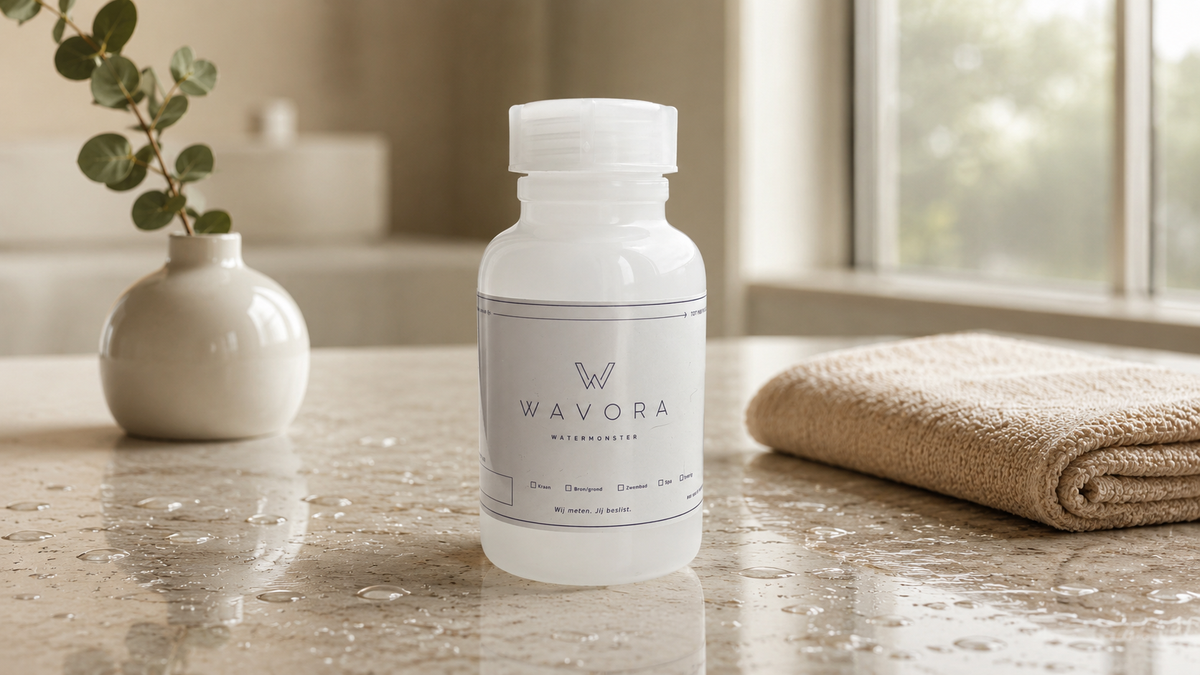 Wavora watermonsterfles op een rustige, lichte achtergrond