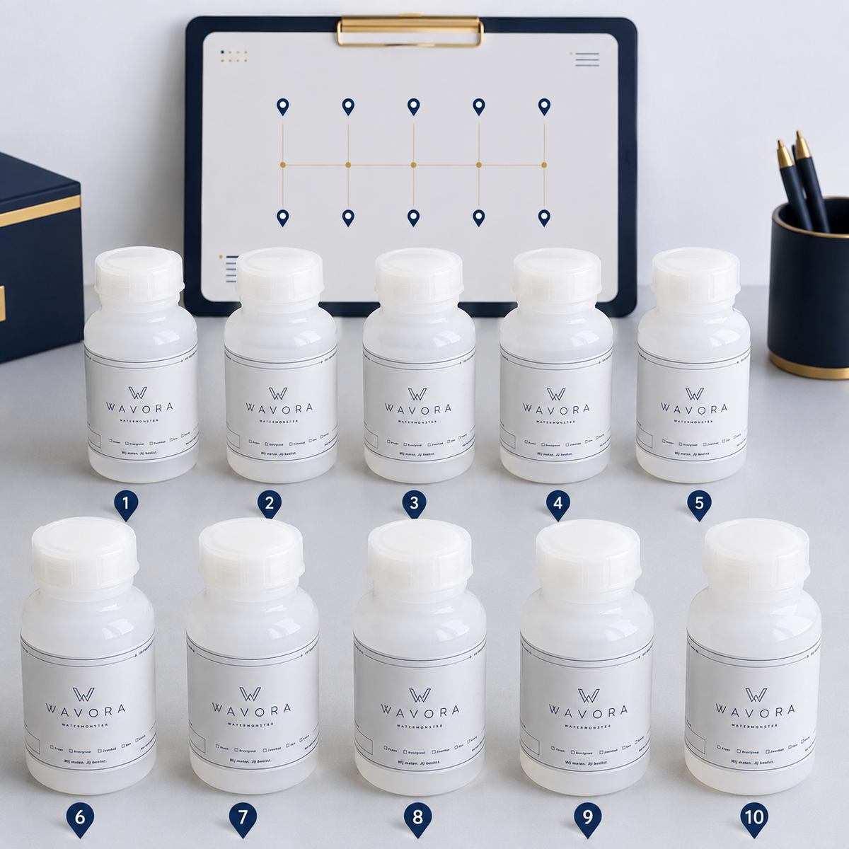 WAVORA monsterkit met tien genummerde flessen voor zakelijke watermeting op tien meetpunten